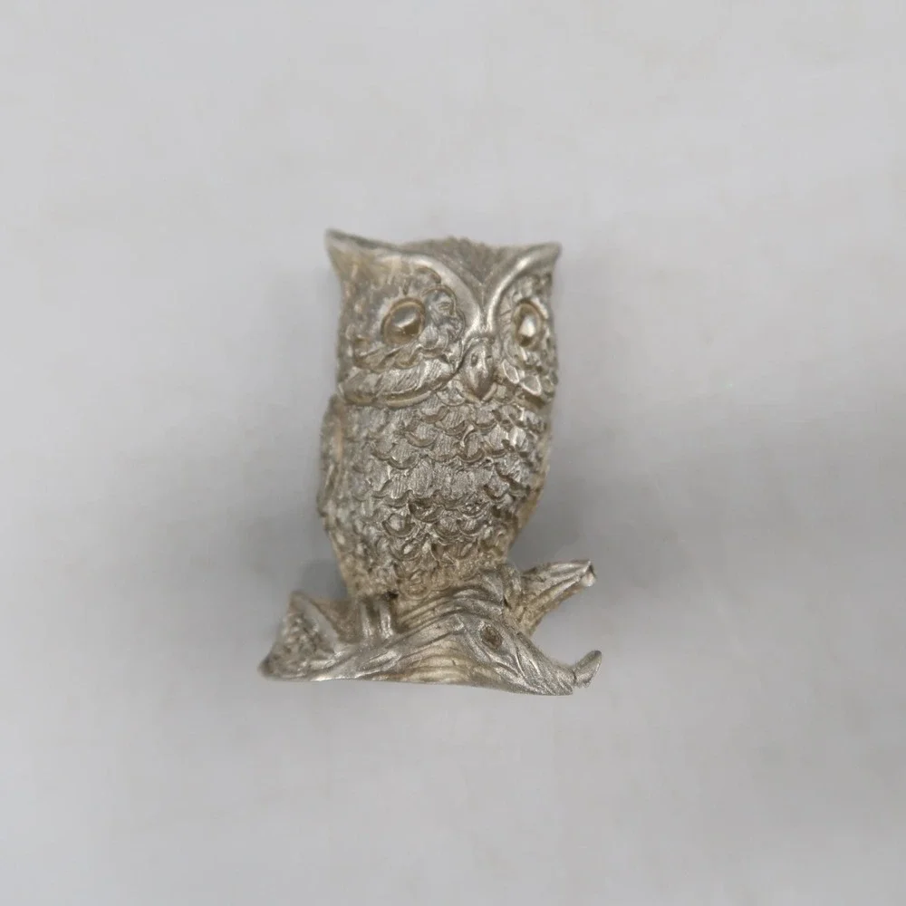Vintage Pewter Mini Owl On Log Silver Figurine 1.5 inch